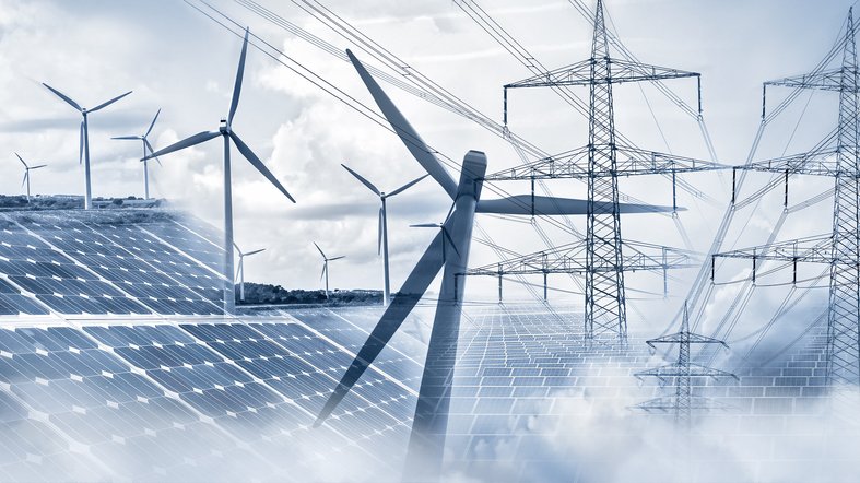 Windkraft, Solarpanel, Strommasten